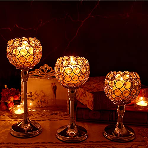 Vincidern 3Pcs Gold Crystal Candle Holders for Table, Candlestick Holders for Wedding Decorations, Tea Light Candle Holder for Dining Table, Holiday, Party Centerpiece (4 inch Big Crystal Ball)