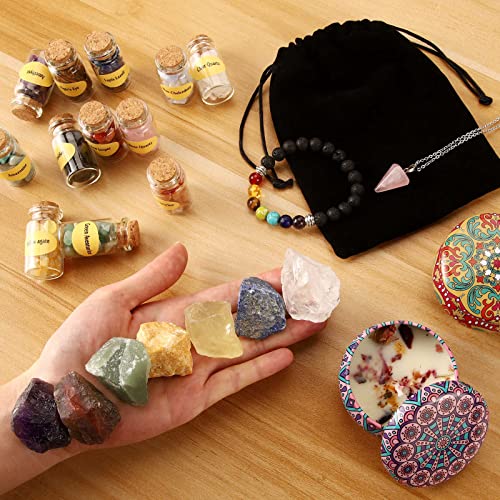 Arttyma 26pcs Healing Crystals and Candles Set,12 Crystal Chips in Spell Jars,7 Raw Healing Stones,4 Scented Candles,Bracelet,Rose Quartz Pendulum,Selenite and Info Guide for Chakra,Yoga,Meditation.