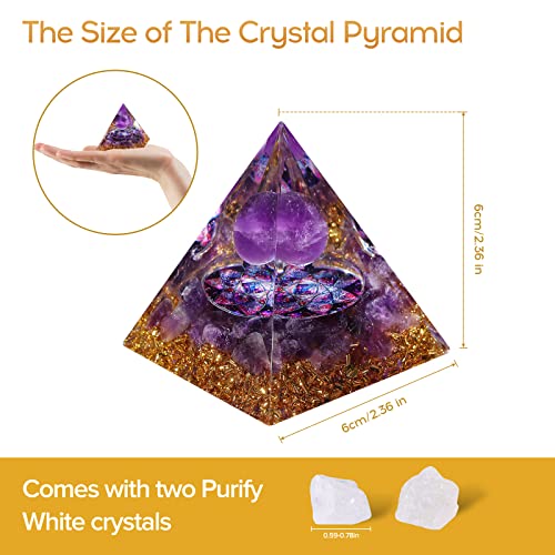 Hopeseed Orgone Pyramid Orgonite Amethyst Healing Crystal Pyramid Positive Energy Generator for Reduce Stress Reiki Chakra Healing Meditation Attract Lucky, with 2 White Crystal Stones