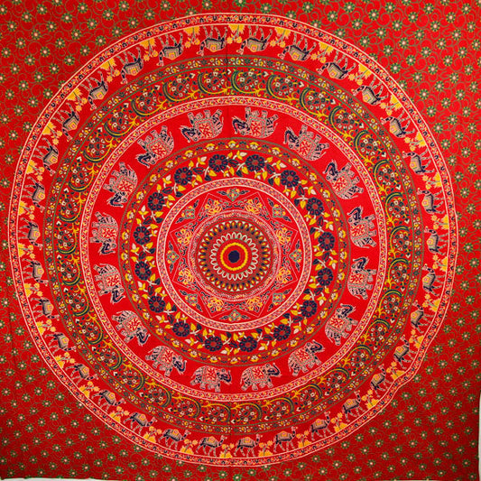 Red Elephants & Camels Mandala Tapestry