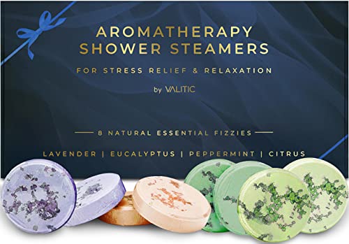 Valitic Aromatherapy Shower Steamers for Stress Relief and Relaxation - Gifts for Women Mom Birthday 8 Natural Essential Fizzies Shower Bombs - 4 Scents - Lavender, Eucalyptus, Citrus, and Peppermint