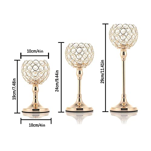 Vincidern 3Pcs Gold Crystal Candle Holders for Table, Candlestick Holders for Wedding Decorations, Tea Light Candle Holder for Dining Table, Holiday, Party Centerpiece (4 inch Big Crystal Ball)