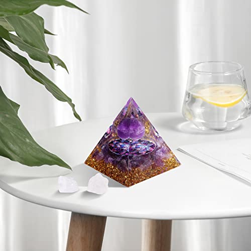 Hopeseed Orgone Pyramid Orgonite Amethyst Healing Crystal Pyramid Positive Energy Generator for Reduce Stress Reiki Chakra Healing Meditation Attract Lucky, with 2 White Crystal Stones