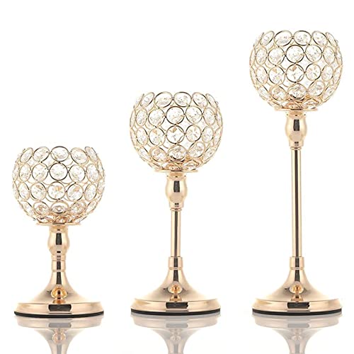 Vincidern 3Pcs Gold Crystal Candle Holders for Table, Candlestick Holders for Wedding Decorations, Tea Light Candle Holder for Dining Table, Holiday, Party Centerpiece (4 inch Big Crystal Ball)