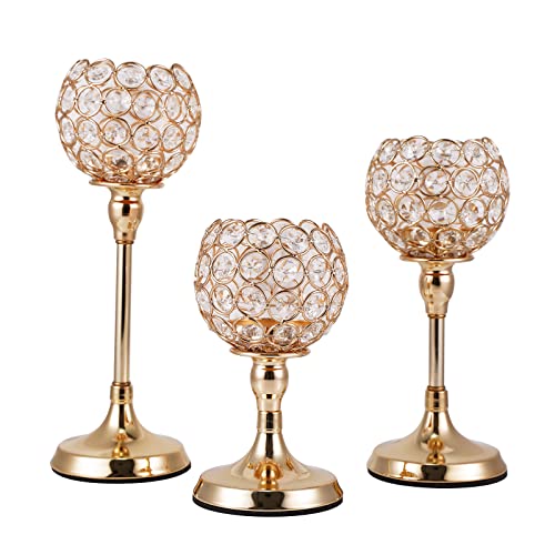 Vincidern 3Pcs Gold Crystal Candle Holders for Table, Candlestick Holders for Wedding Decorations, Tea Light Candle Holder for Dining Table, Holiday, Party Centerpiece (4 inch Big Crystal Ball)