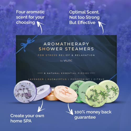 Valitic Aromatherapy Shower Steamers for Stress Relief and Relaxation - Gifts for Women Mom Birthday 8 Natural Essential Fizzies Shower Bombs - 4 Scents - Lavender, Eucalyptus, Citrus, and Peppermint