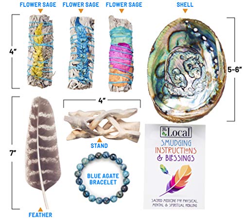 3 White Sage Fire Flowers Smudging Kit | Smudge Kit with Abalone Shell, Stand, Instructions, Blessings & Blue Agate Bracelet