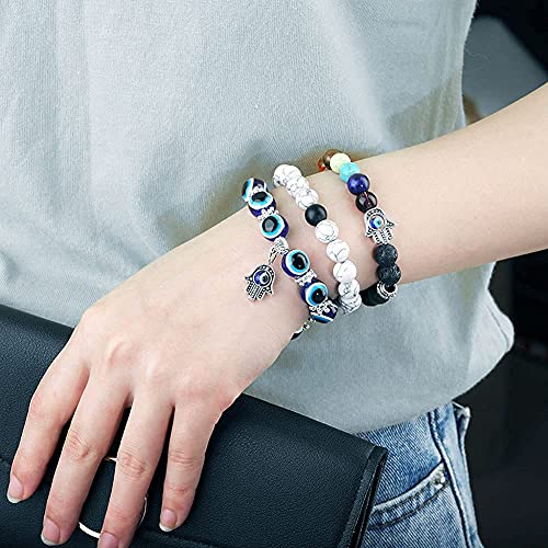 PANSHI Evil Eye Bracelets Chakra Crystal Beaded Bracelet Set Name Letter Beads Charm Jewelry Ojo Protection Birthday Gifts for Women Her Girlfriend Sister Mom Mother Daughter (Hamsa Hand)