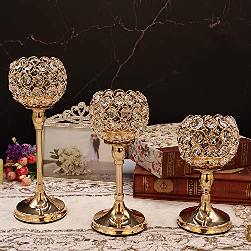 Vincidern 3Pcs Gold Crystal Candle Holders for Table, Candlestick Holders for Wedding Decorations, Tea Light Candle Holder for Dining Table, Holiday, Party Centerpiece (4 inch Big Crystal Ball)