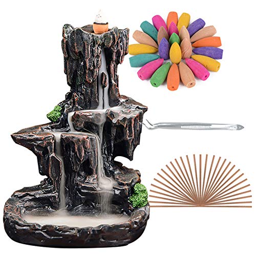 SPACEKEEPER Waterfall Monk Backflow Incense Burner Mountain Tower Incense Holders with 120 Backflow Incense Cones + 30 Incense Stick for Home Office Yoga Aromatcherapy Ornamen, Stone Brown