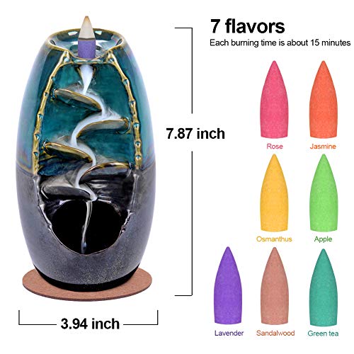 SPACEKEEPER Ceramic Backflow Incense Holder Incense Burner Waterfall, with 120 Backflow Incense Cones + 30 Incense Stick, Aromatherapy Ornament Home Decor, Blue Set