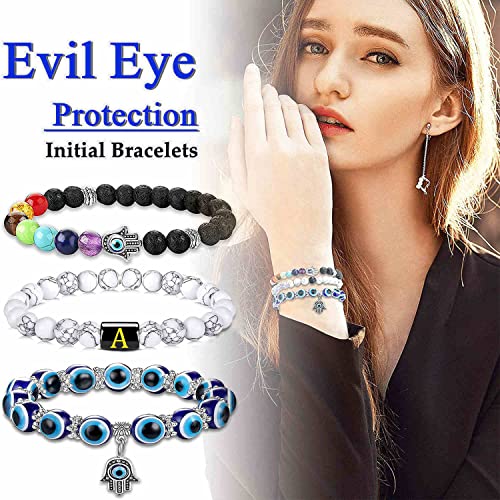 PANSHI Evil Eye Bracelets Chakra Crystal Beaded Bracelet Set Name Letter Beads Charm Jewelry Ojo Protection Birthday Gifts for Women Her Girlfriend Sister Mom Mother Daughter (Hamsa Hand)