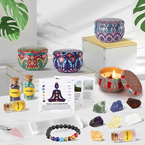 Arttyma 26pcs Healing Crystals and Candles Set,12 Crystal Chips in Spell Jars,7 Raw Healing Stones,4 Scented Candles,Bracelet,Rose Quartz Pendulum,Selenite and Info Guide for Chakra,Yoga,Meditation.