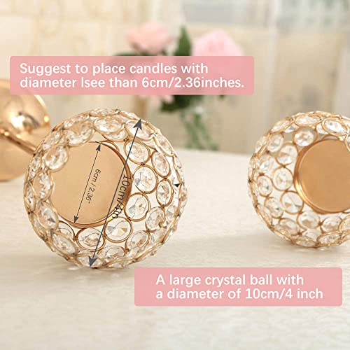 Vincidern 3Pcs Gold Crystal Candle Holders for Table, Candlestick Holders for Wedding Decorations, Tea Light Candle Holder for Dining Table, Holiday, Party Centerpiece (4 inch Big Crystal Ball)