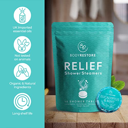 BodyRestore Shower Steamers Aromatherapy - 15 Pack Shower Bombs for Women, Eucalyptus Shower Tablets for Nasal Congestion, Essential Oil Stress Relief and Relaxation Bath Gifts for Women and Men