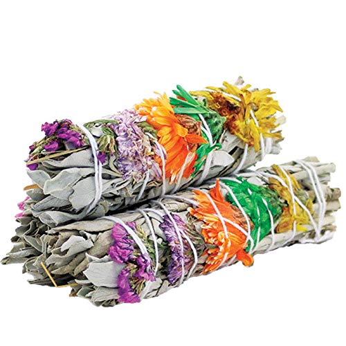Good Vibes Floral Organic White Sage Smudge Sticks with Flowers for Cleansing Home, Meditation, Yoga, Healing and Smudging | Sustainably Sourced California White Sage Bundles (3 Pack - 4 Inch)