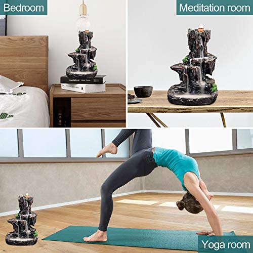SPACEKEEPER Waterfall Monk Backflow Incense Burner Mountain Tower Incense Holders with 120 Backflow Incense Cones + 30 Incense Stick for Home Office Yoga Aromatcherapy Ornamen, Stone Brown