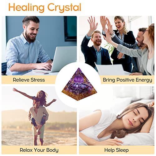 Hopeseed Orgone Pyramid Orgonite Amethyst Healing Crystal Pyramid Positive Energy Generator for Reduce Stress Reiki Chakra Healing Meditation Attract Lucky, with 2 White Crystal Stones