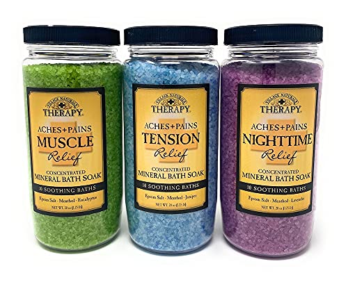 Village Naturals Therapy Mineral Bath Soak Variety Set 3 Pack - Restless Nights, Aches & Pain, Stress & Tension (20oz Jars)
