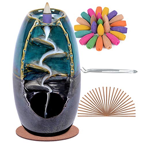 SPACEKEEPER Ceramic Backflow Incense Holder Incense Burner Waterfall, with 120 Backflow Incense Cones + 30 Incense Stick, Aromatherapy Ornament Home Decor, Blue Set