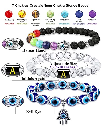 PANSHI Evil Eye Bracelets Chakra Crystal Beaded Bracelet Set Name Letter Beads Charm Jewelry Ojo Protection Birthday Gifts for Women Her Girlfriend Sister Mom Mother Daughter (Hamsa Hand)