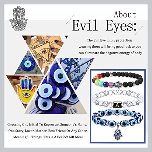 PANSHI Evil Eye Bracelets Chakra Crystal Beaded Bracelet Set Name Letter Beads Charm Jewelry Ojo Protection Birthday Gifts for Women Her Girlfriend Sister Mom Mother Daughter (Hamsa Hand)