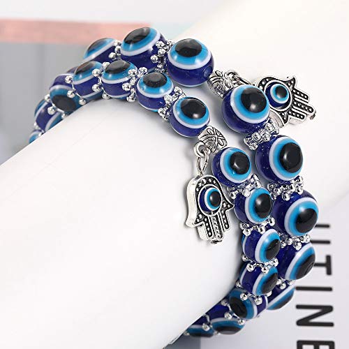 SUMMER LOVE Evil Eye Hamsa Blue Beaded Charm Stretch Bracelet Hand of Fatima Turkish Lucky Evil Eye Bracelet for Protection and Blessing
