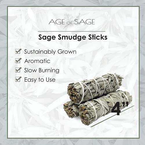 Age of Sage White Sage Smudge Sticks 4" Long - Burning Sage Bundle for Cleansing House - White Spirit Sage Incense - Sage Candles for Cleansing House - Salvia Blanca para Limpiar - 3pk