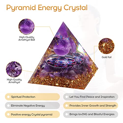 Hopeseed Orgone Pyramid Orgonite Amethyst Healing Crystal Pyramid Positive Energy Generator for Reduce Stress Reiki Chakra Healing Meditation Attract Lucky, with 2 White Crystal Stones