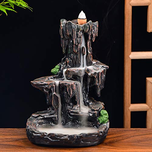 SPACEKEEPER Waterfall Monk Backflow Incense Burner Mountain Tower Incense Holders with 120 Backflow Incense Cones + 30 Incense Stick for Home Office Yoga Aromatcherapy Ornamen, Stone Brown