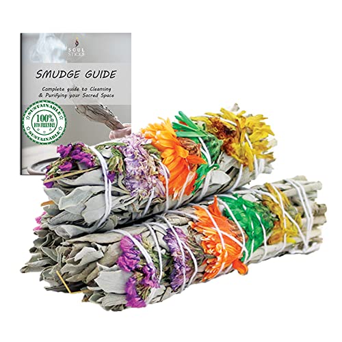 Good Vibes Floral Organic White Sage Smudge Sticks with Flowers for Cleansing Home, Meditation, Yoga, Healing and Smudging | Sustainably Sourced California White Sage Bundles (3 Pack - 4 Inch)