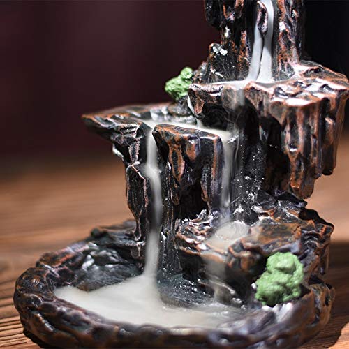 SPACEKEEPER Waterfall Monk Backflow Incense Burner Mountain Tower Incense Holders with 120 Backflow Incense Cones + 30 Incense Stick for Home Office Yoga Aromatcherapy Ornamen, Stone Brown