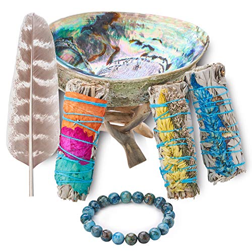 3 White Sage Fire Flowers Smudging Kit | Smudge Kit with Abalone Shell, Stand, Instructions, Blessings & Blue Agate Bracelet