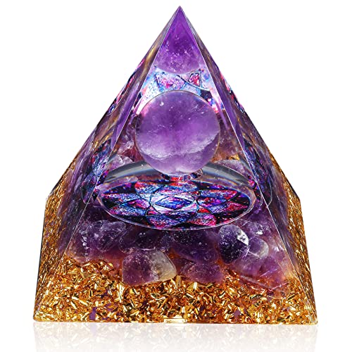Hopeseed Orgone Pyramid Orgonite Amethyst Healing Crystal Pyramid Positive Energy Generator for Reduce Stress Reiki Chakra Healing Meditation Attract Lucky, with 2 White Crystal Stones