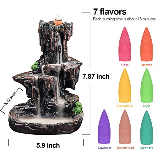 SPACEKEEPER Waterfall Monk Backflow Incense Burner Mountain Tower Incense Holders with 120 Backflow Incense Cones + 30 Incense Stick for Home Office Yoga Aromatcherapy Ornamen, Stone Brown