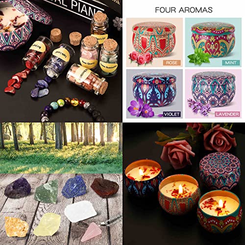 Arttyma 26pcs Healing Crystals and Candles Set,12 Crystal Chips in Spell Jars,7 Raw Healing Stones,4 Scented Candles,Bracelet,Rose Quartz Pendulum,Selenite and Info Guide for Chakra,Yoga,Meditation.