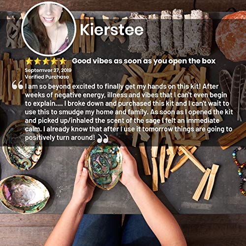 3 White Sage Fire Flowers Smudging Kit | Smudge Kit with Abalone Shell, Stand, Instructions, Blessings & Blue Agate Bracelet