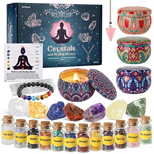 Arttyma 26pcs Healing Crystals and Candles Set,12 Crystal Chips in Spell Jars,7 Raw Healing Stones,4 Scented Candles,Bracelet,Rose Quartz Pendulum,Selenite and Info Guide for Chakra,Yoga,Meditation.